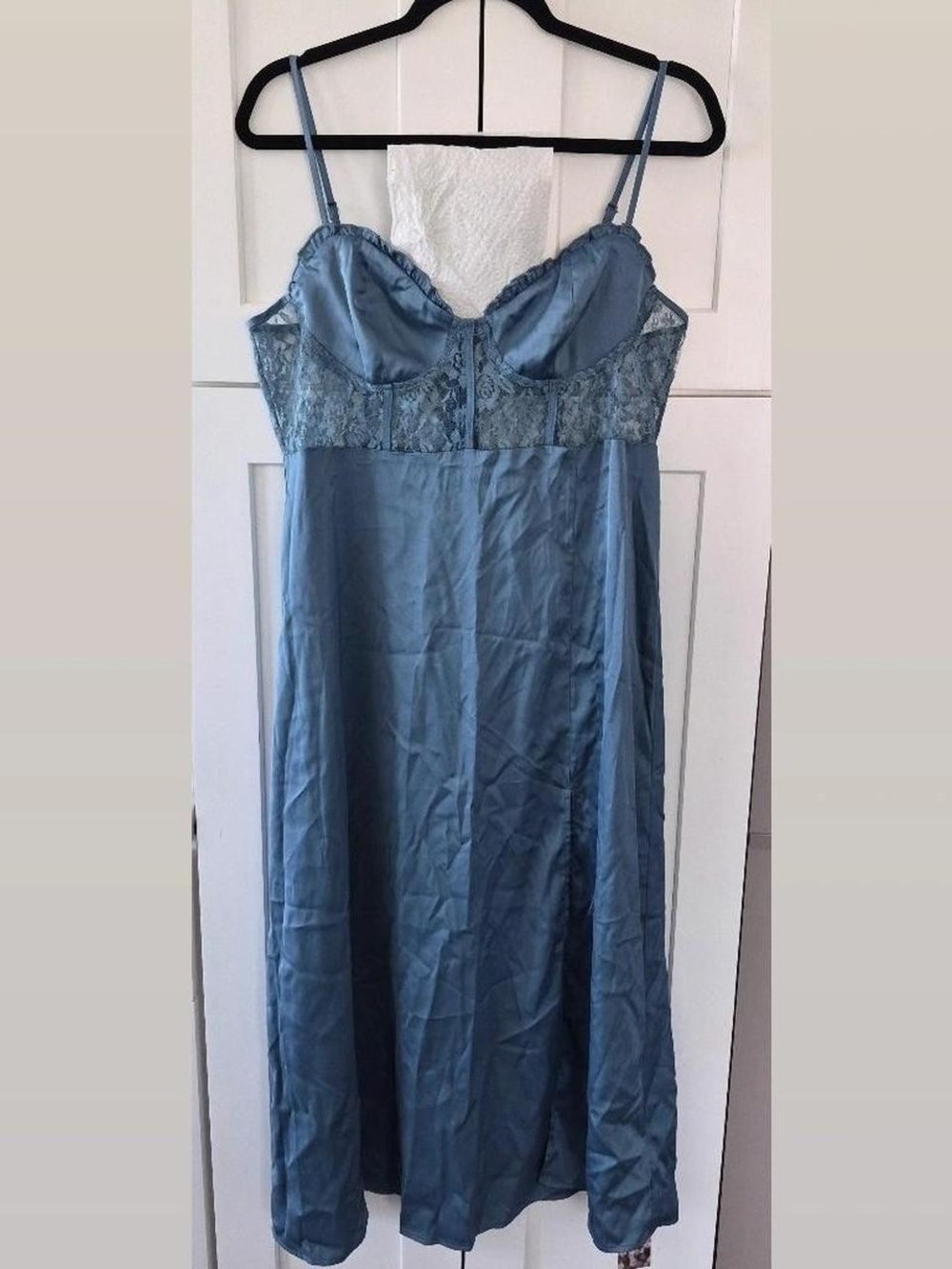 Cider Dusty Blue Satin Lace-Trim Slip Dress